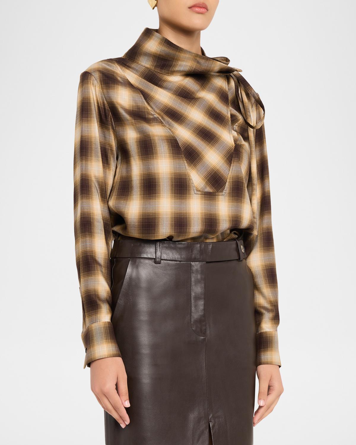 Plaid Mock-Neck Long-Sleeve Blouse - thumbnail 4