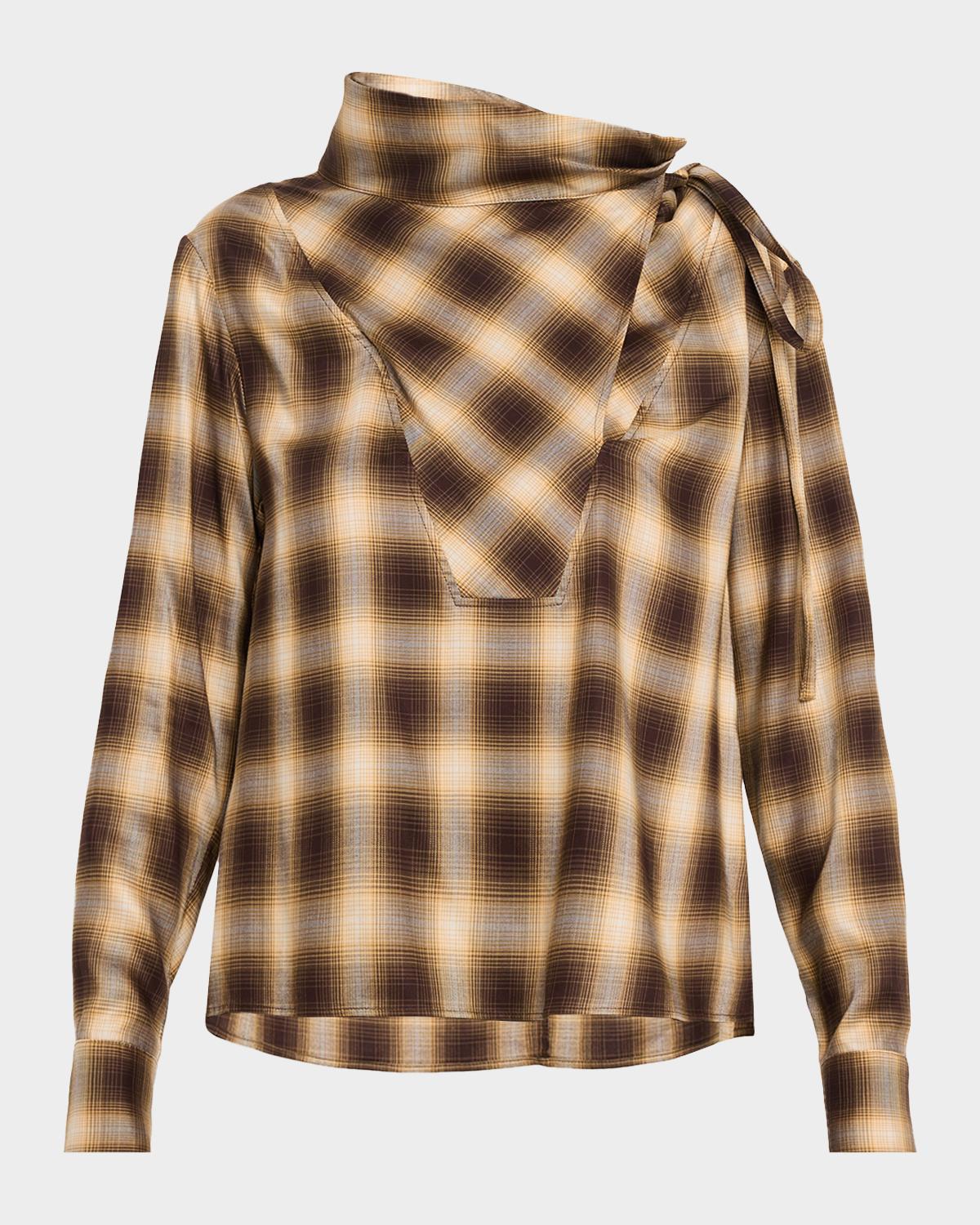 Plaid Mock-Neck Long-Sleeve Blouse