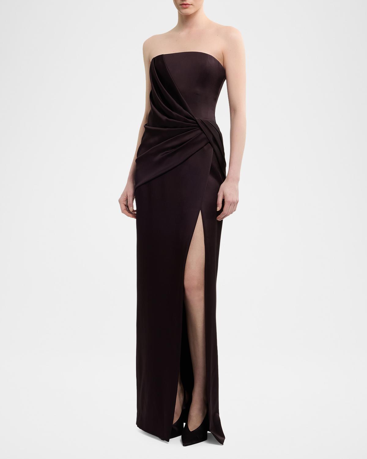 Strapless Draped Enver Satin Slit Column Gown - thumbnail 2