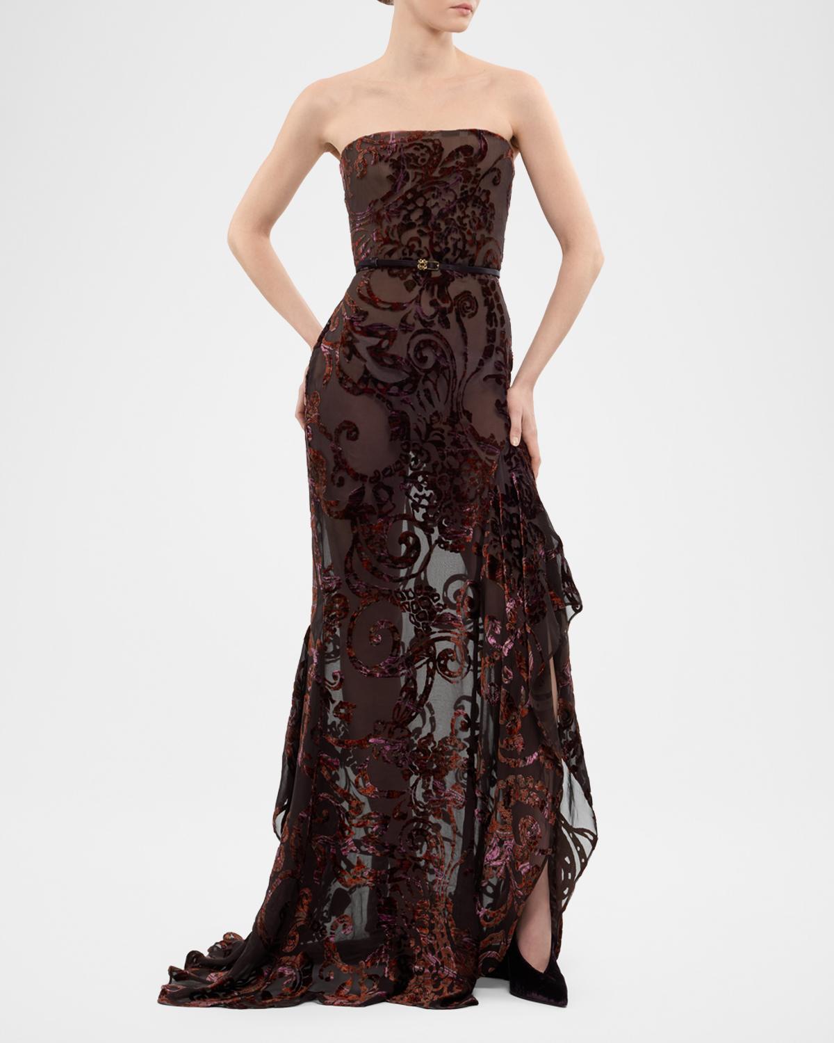 Strapless Velvet Devore Ruffle Slit Gown - thumbnail 2