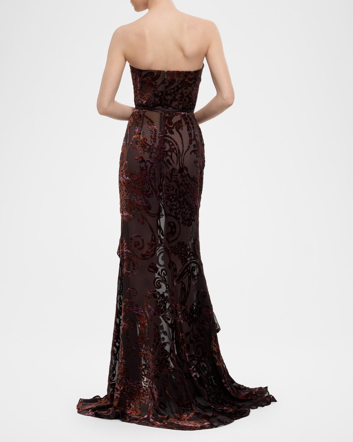 Strapless Velvet Devore Ruffle Slit Gown - thumbnail 3