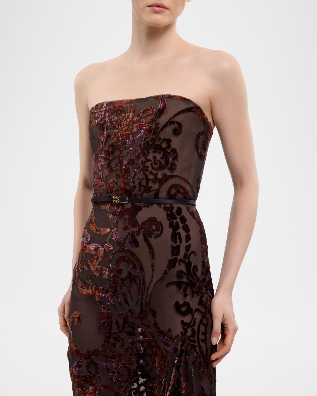 Strapless Velvet Devore Ruffle Slit Gown - thumbnail 4