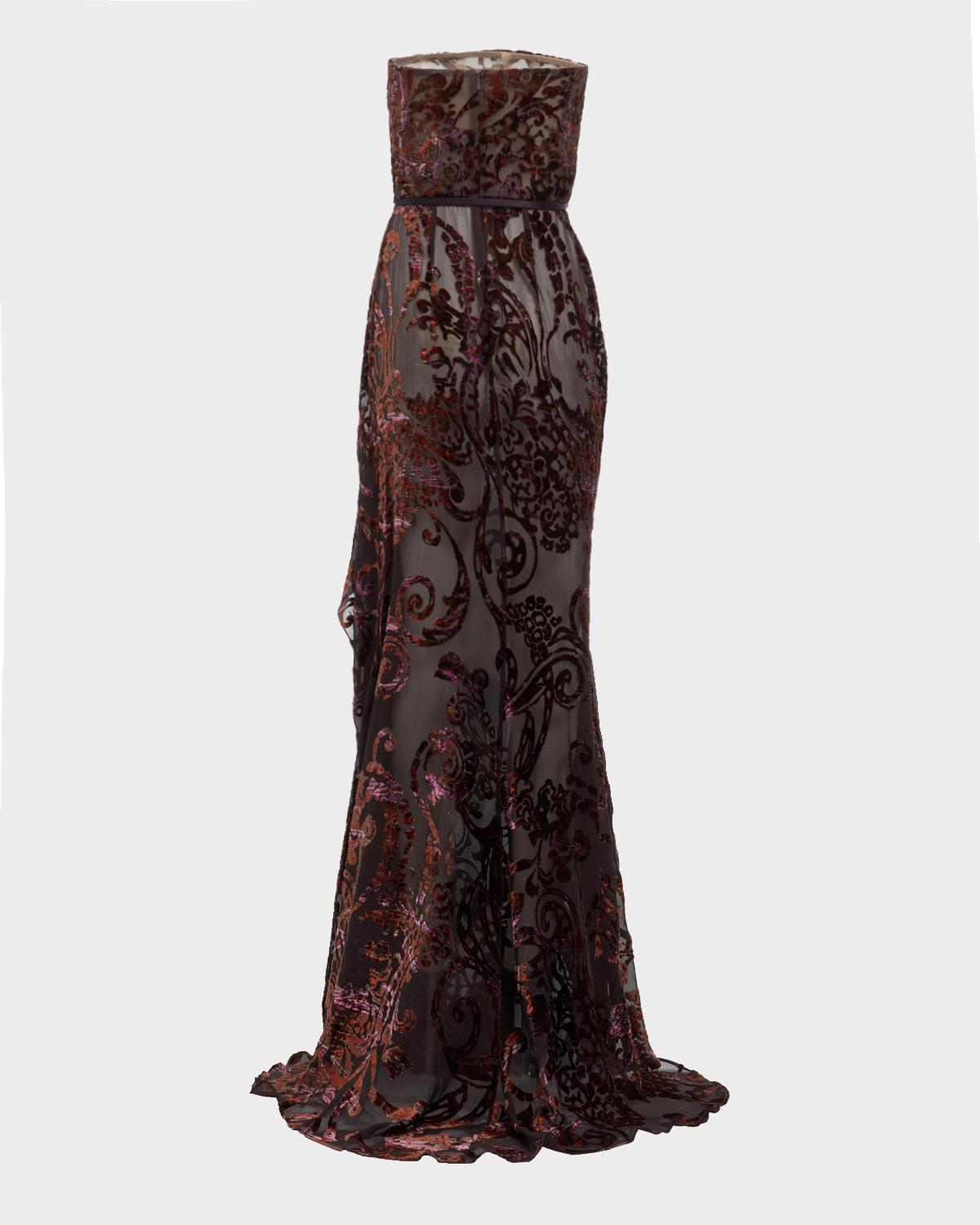 Strapless Velvet Devore Ruffle Slit Gown - thumbnail 5