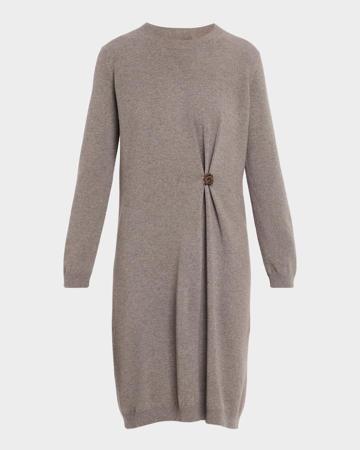 Brooch-Embellished Knit Sweater Dress