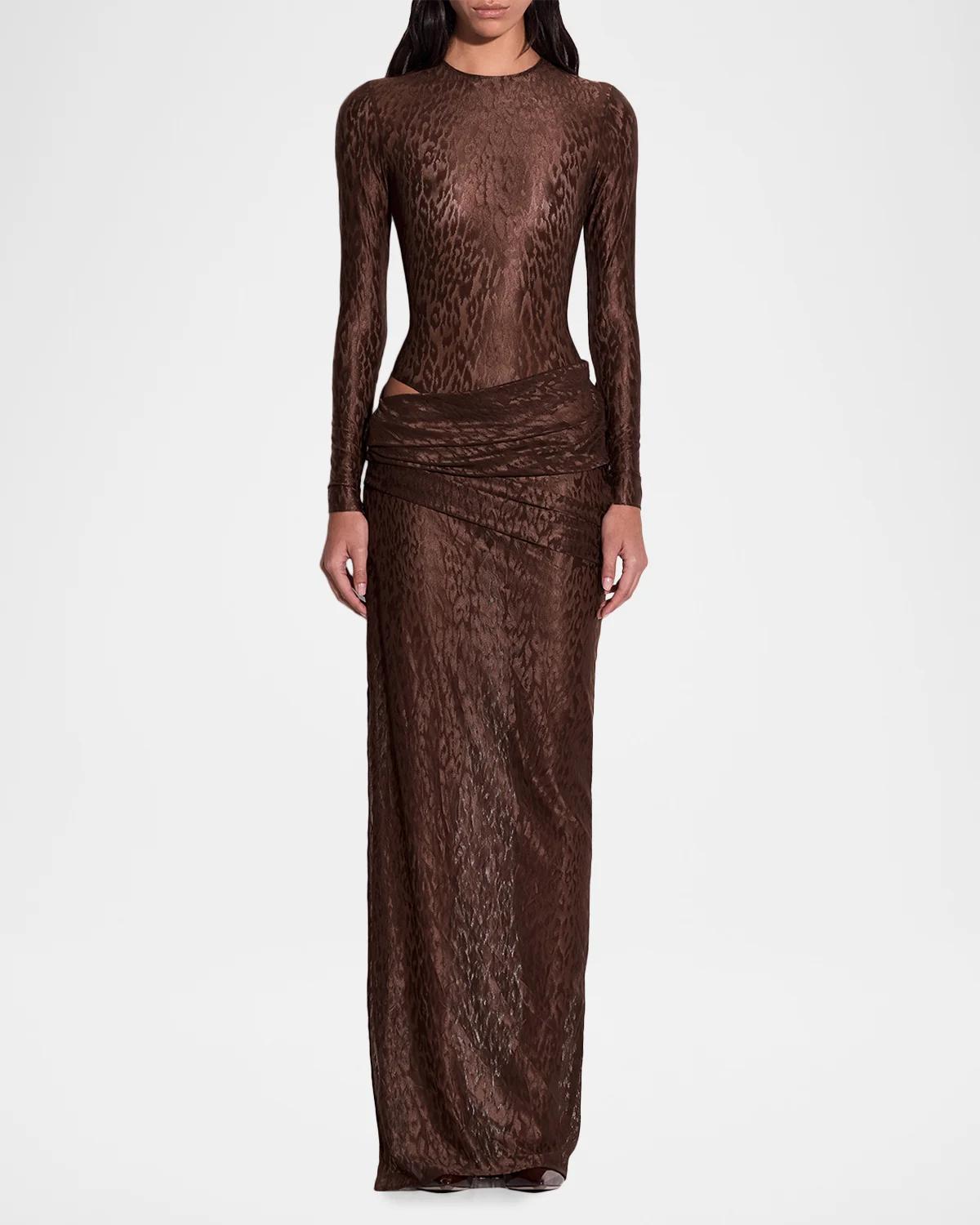 Asymmetric Draped Leopard Burnout Maxi Skirt - thumbnail 2