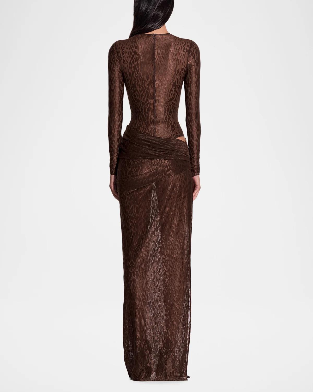 Asymmetric Draped Leopard Burnout Maxi Skirt - thumbnail 3