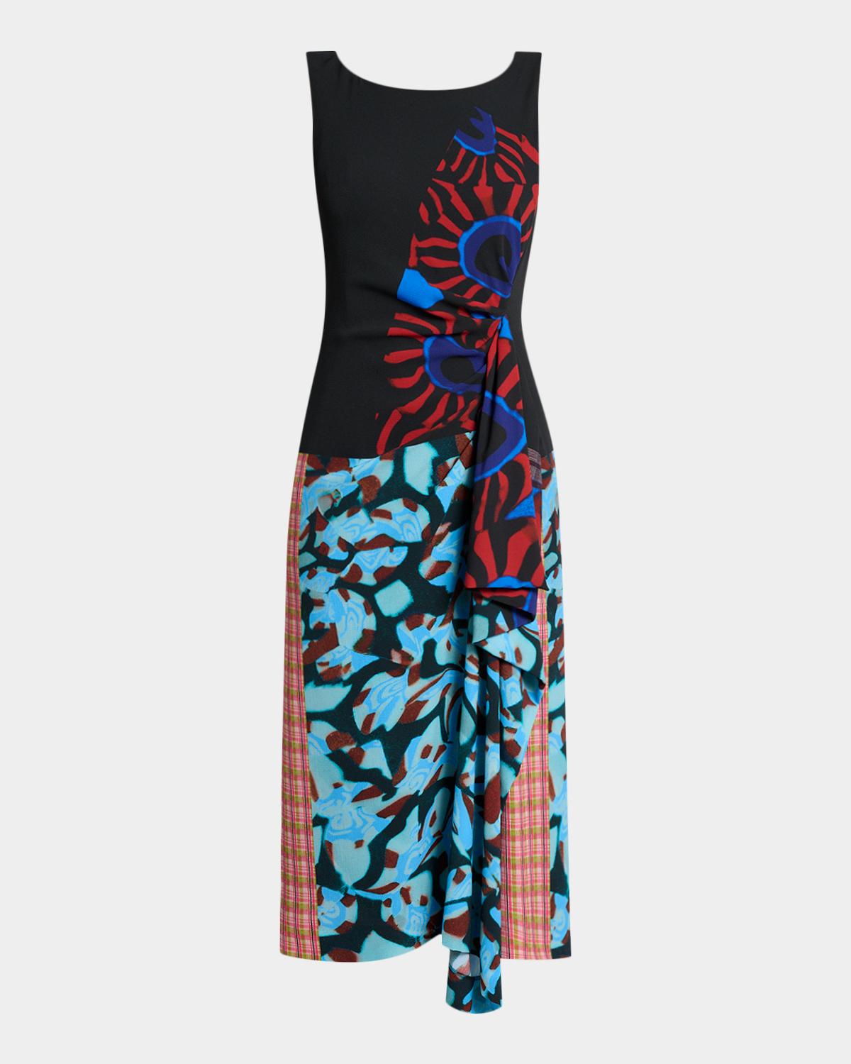 Dropps Patchwork Ruffle Sleeveless Midi Dress