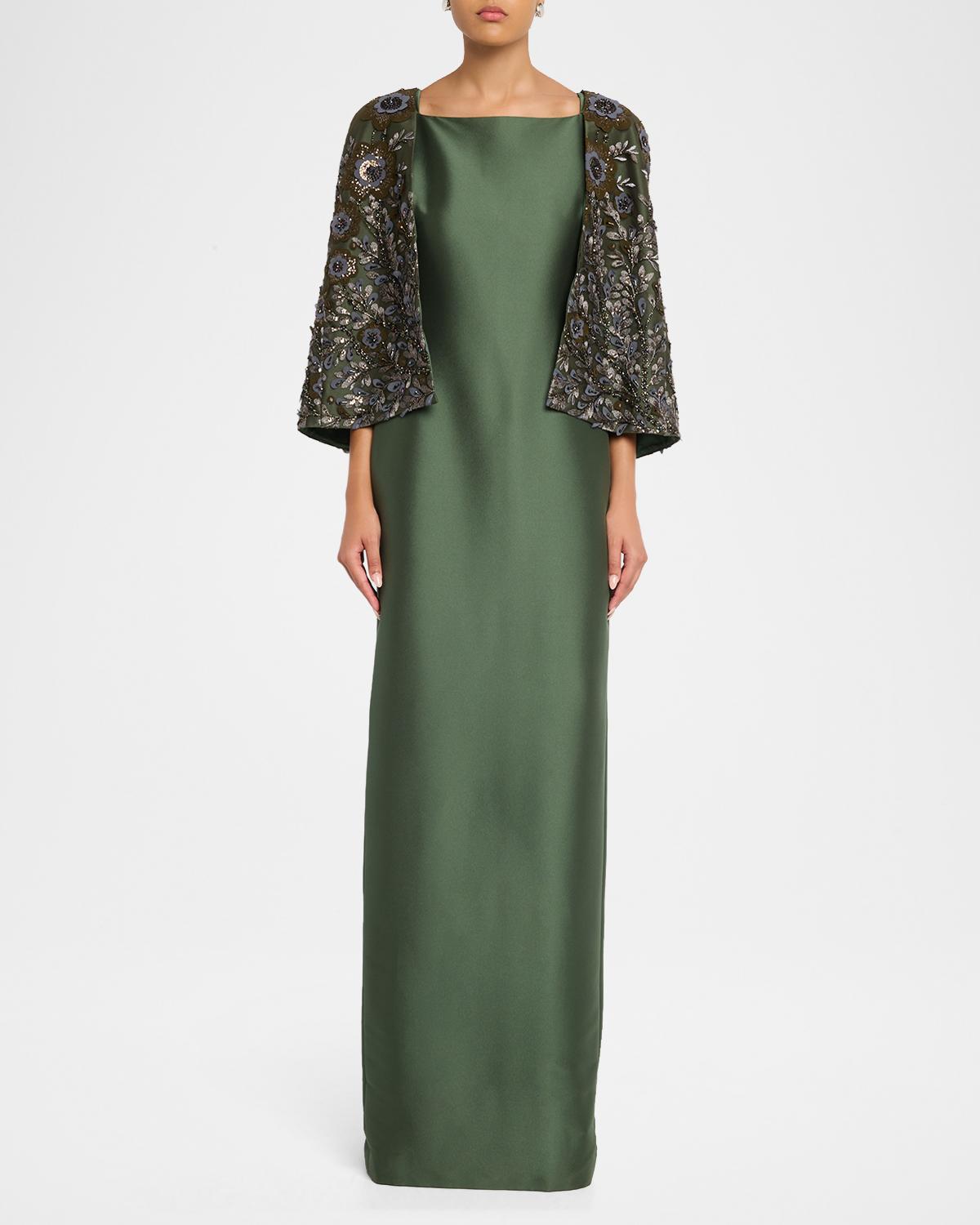 Floral-Embroidered Cape Column Gown - thumbnail 2