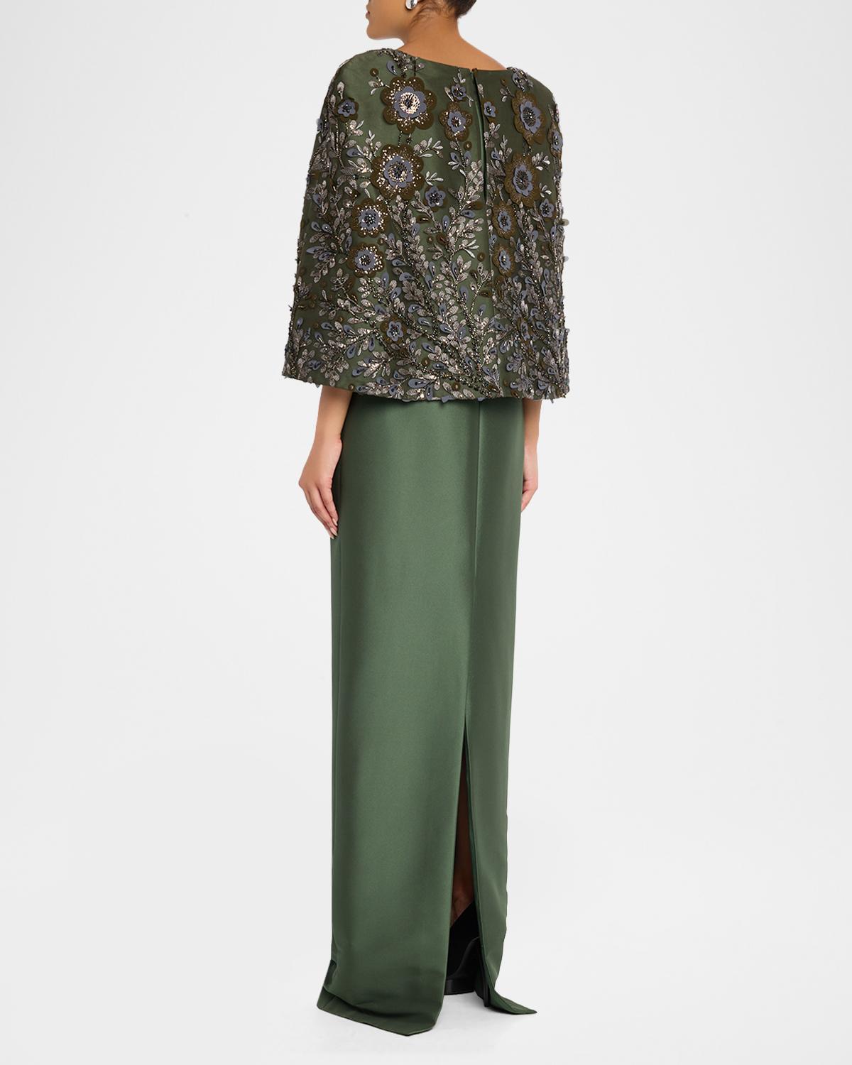 Floral-Embroidered Cape Column Gown - thumbnail 3