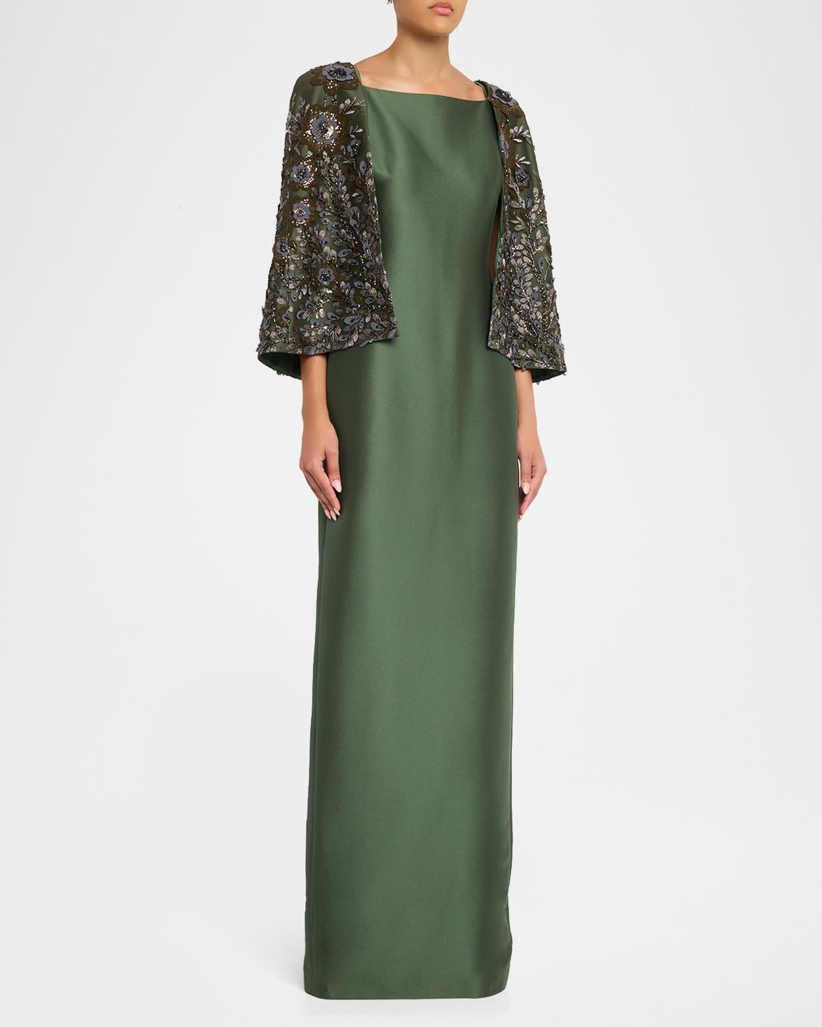 Floral-Embroidered Cape Column Gown - thumbnail 4