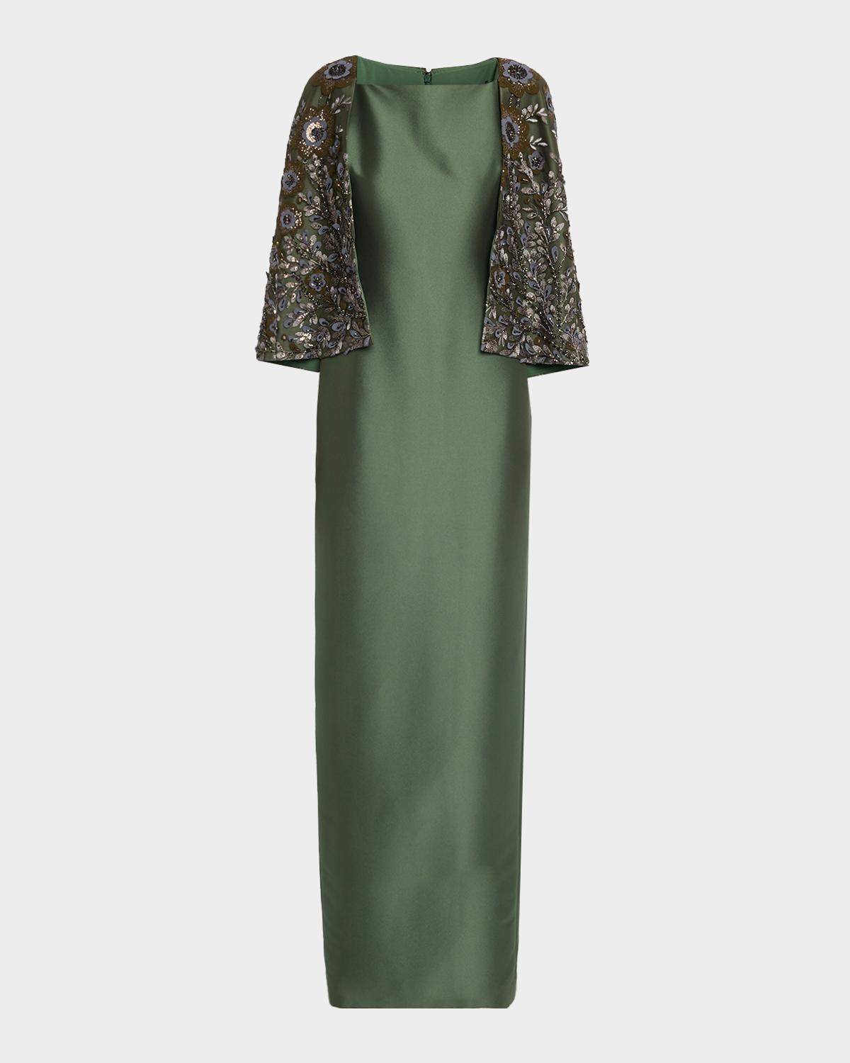 Floral-Embroidered Cape Column Gown