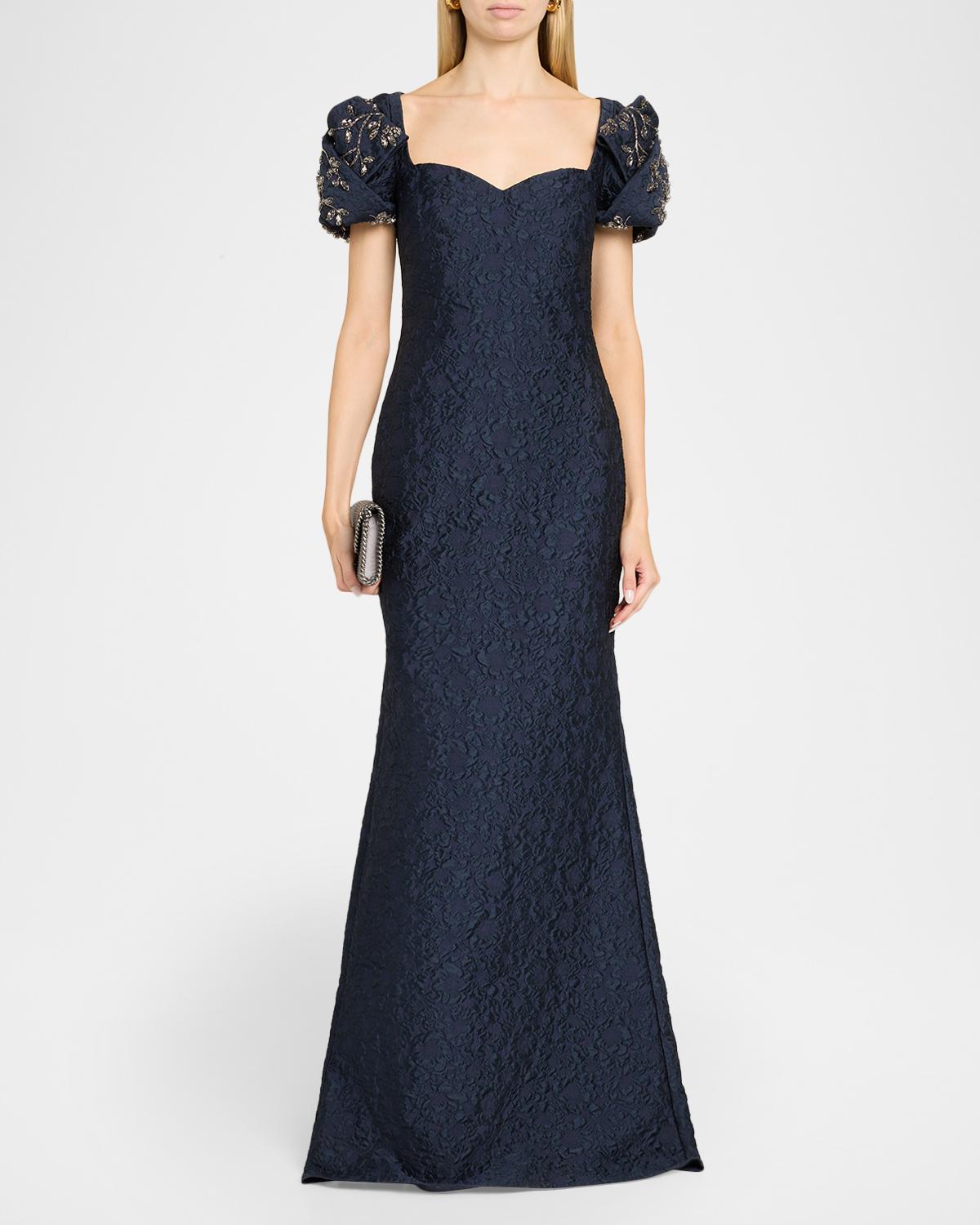 Puff-Sleeve Jacquard Mermaid Gown - thumbnail 2