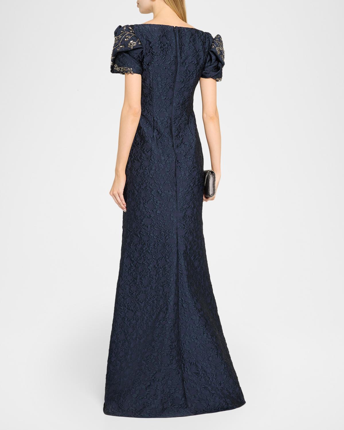 Puff-Sleeve Jacquard Mermaid Gown - thumbnail 3