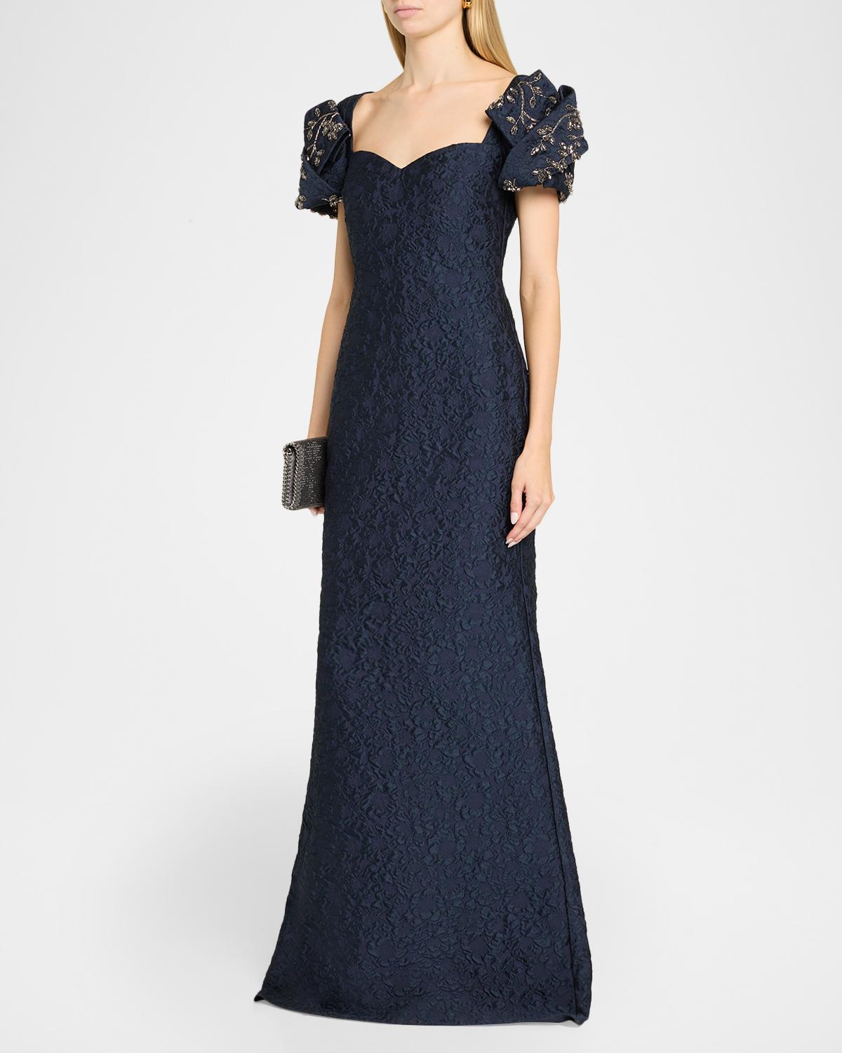 Puff-Sleeve Jacquard Mermaid Gown - thumbnail 4