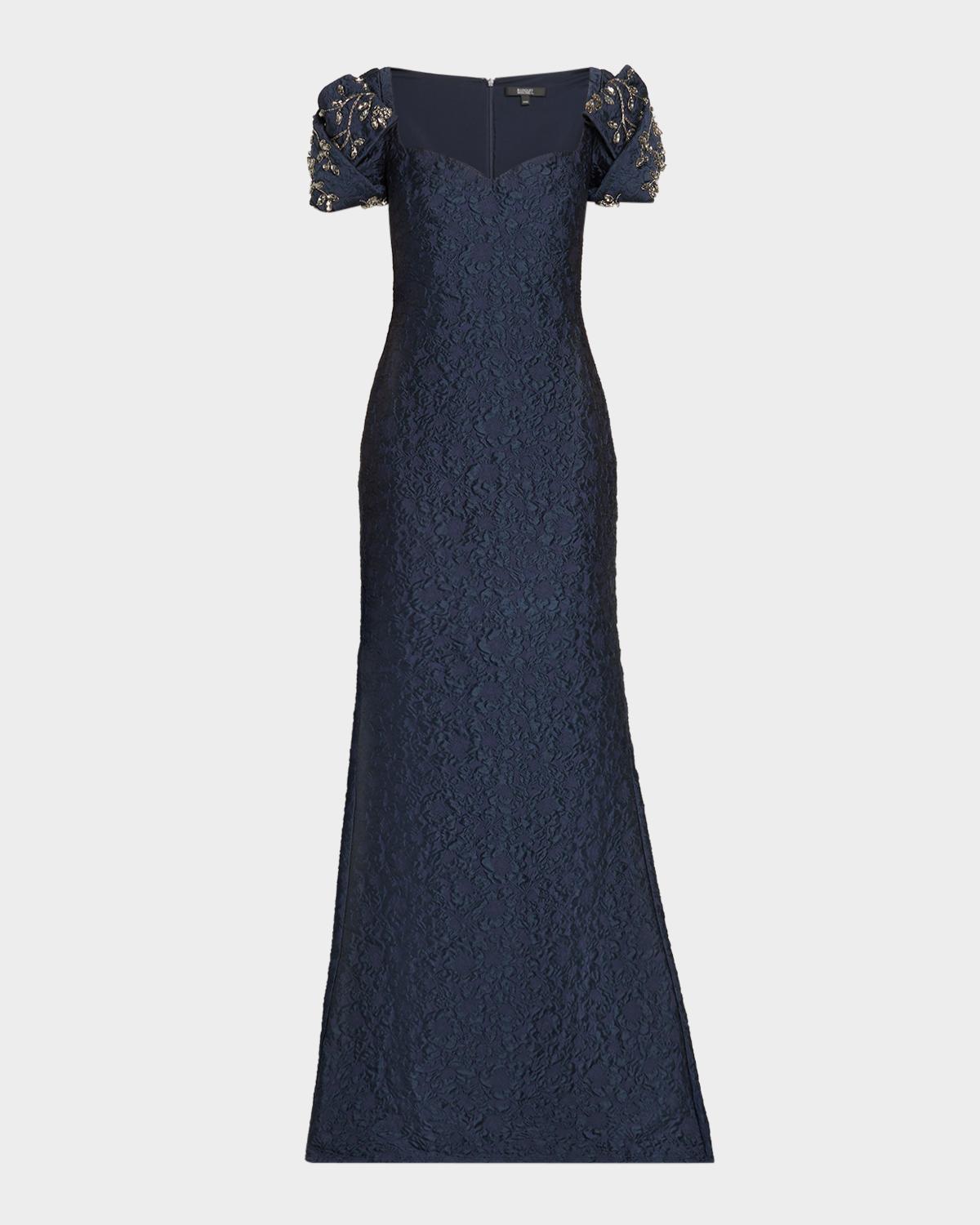 Puff-Sleeve Jacquard Mermaid Gown