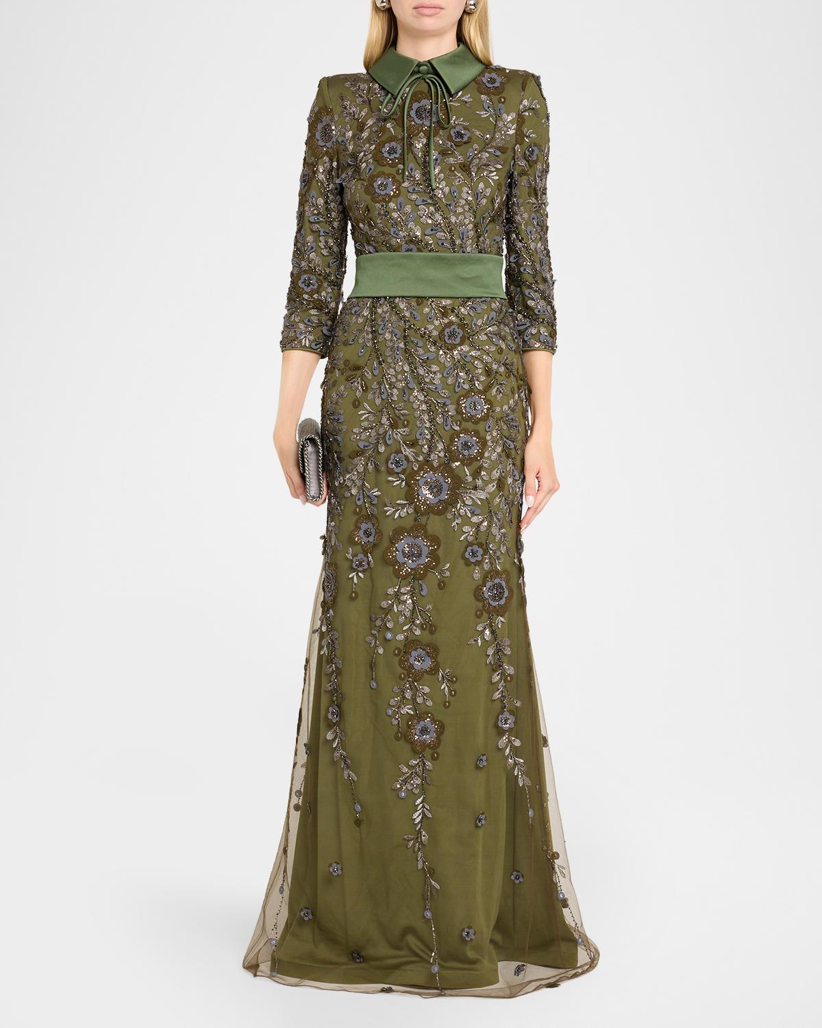 Belted Floral-Embroidered Gown - thumbnail 2