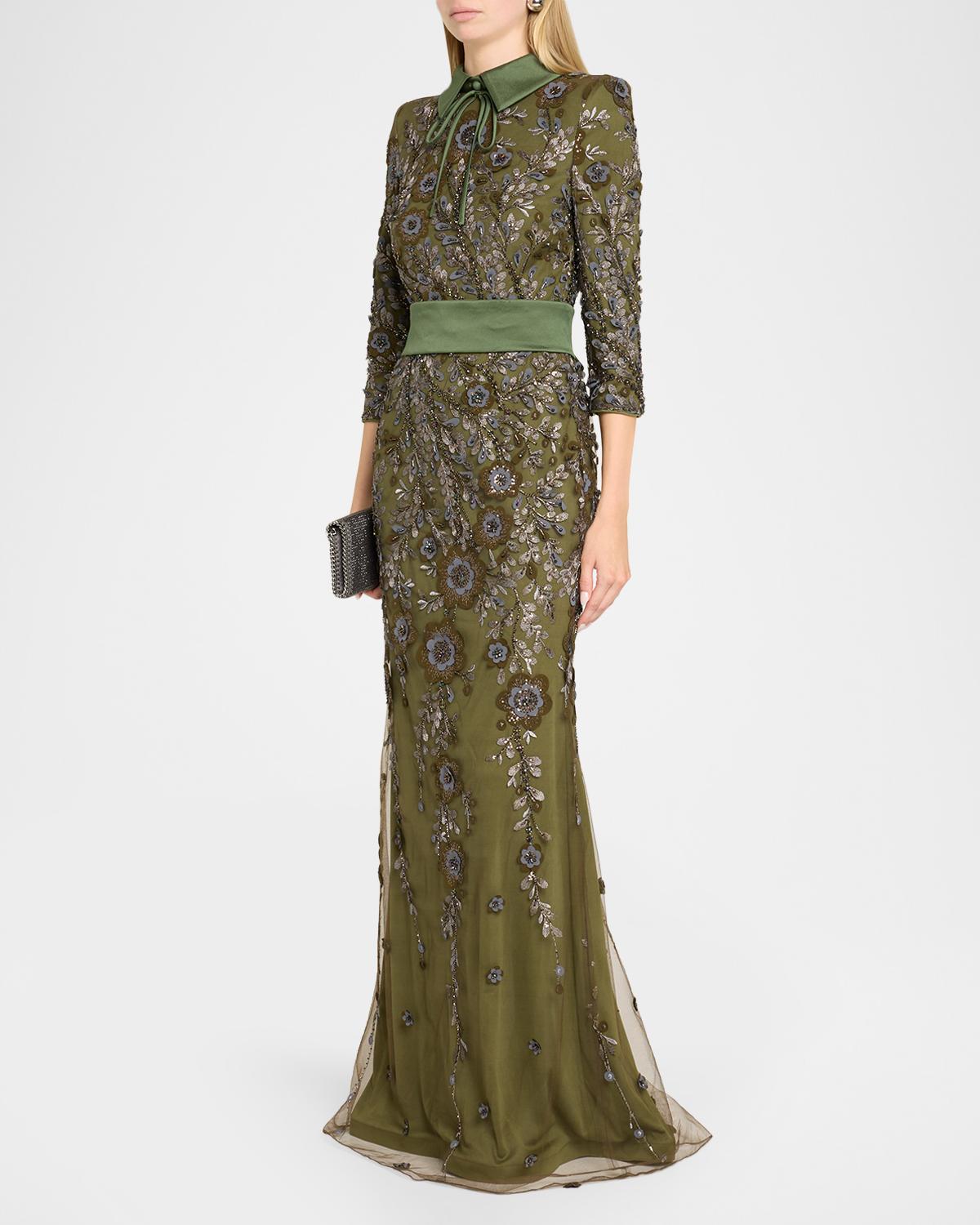 Belted Floral-Embroidered Gown - thumbnail 4