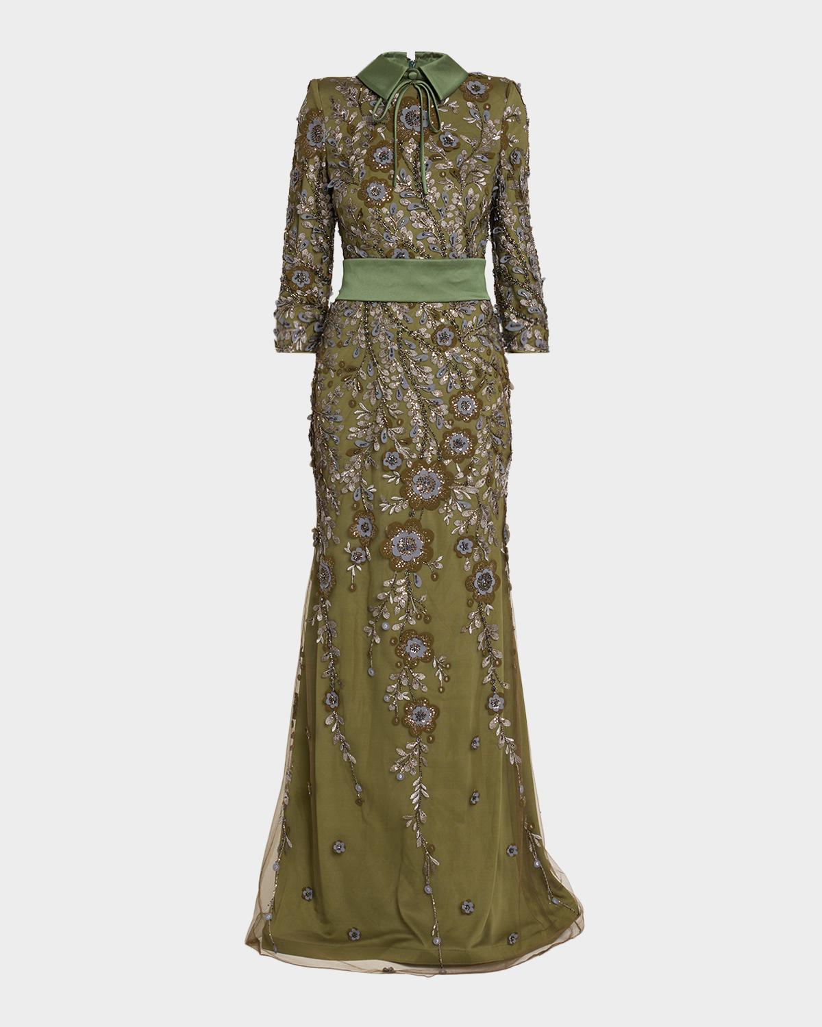 Belted Floral-Embroidered Gown
