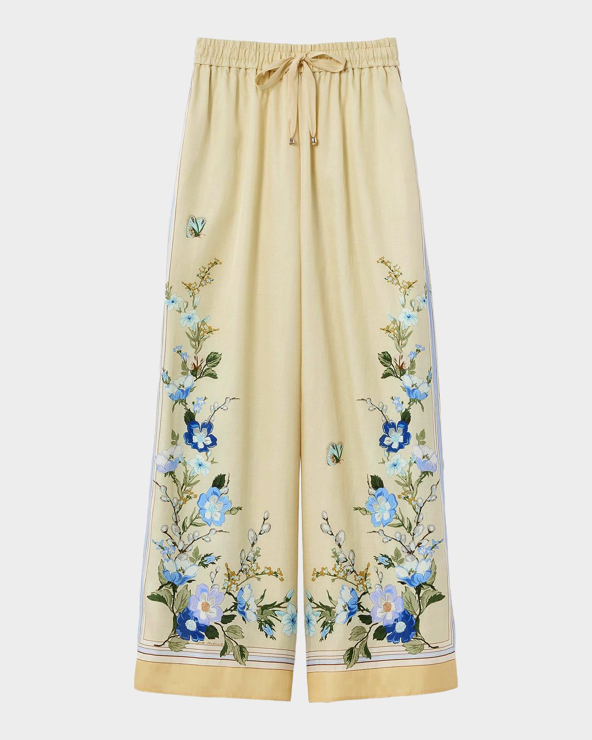Floral Organza Wide-Leg Drawstring Pants
