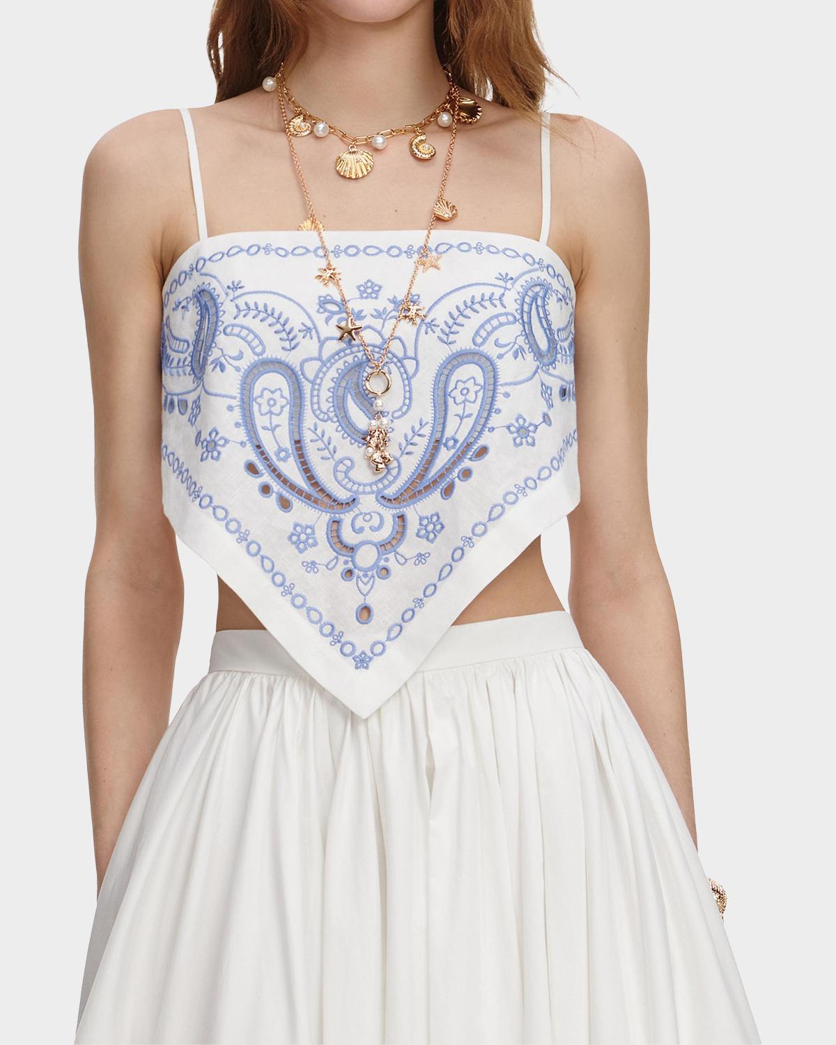 Bandana Embroidered Linen-Cotton Crop Top - thumbnail 4