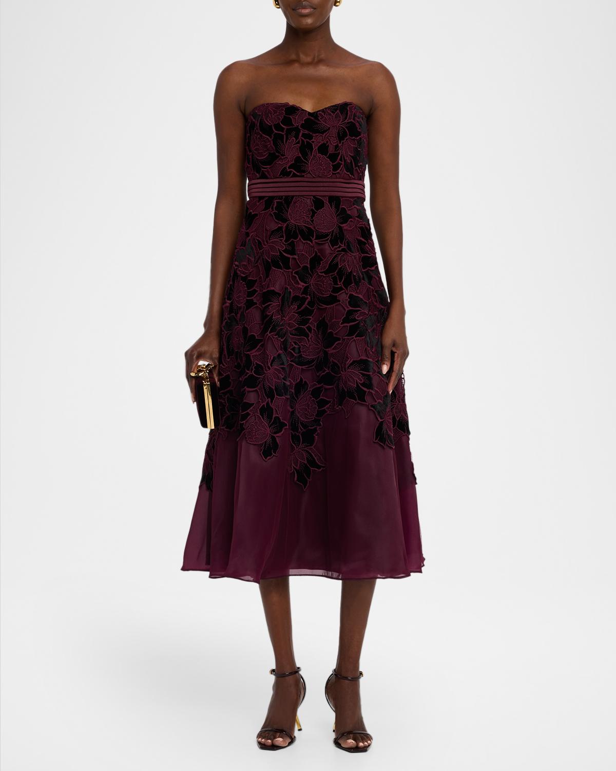 Floral Embroidered Strapless Cocktail Midi Dress - thumbnail 2