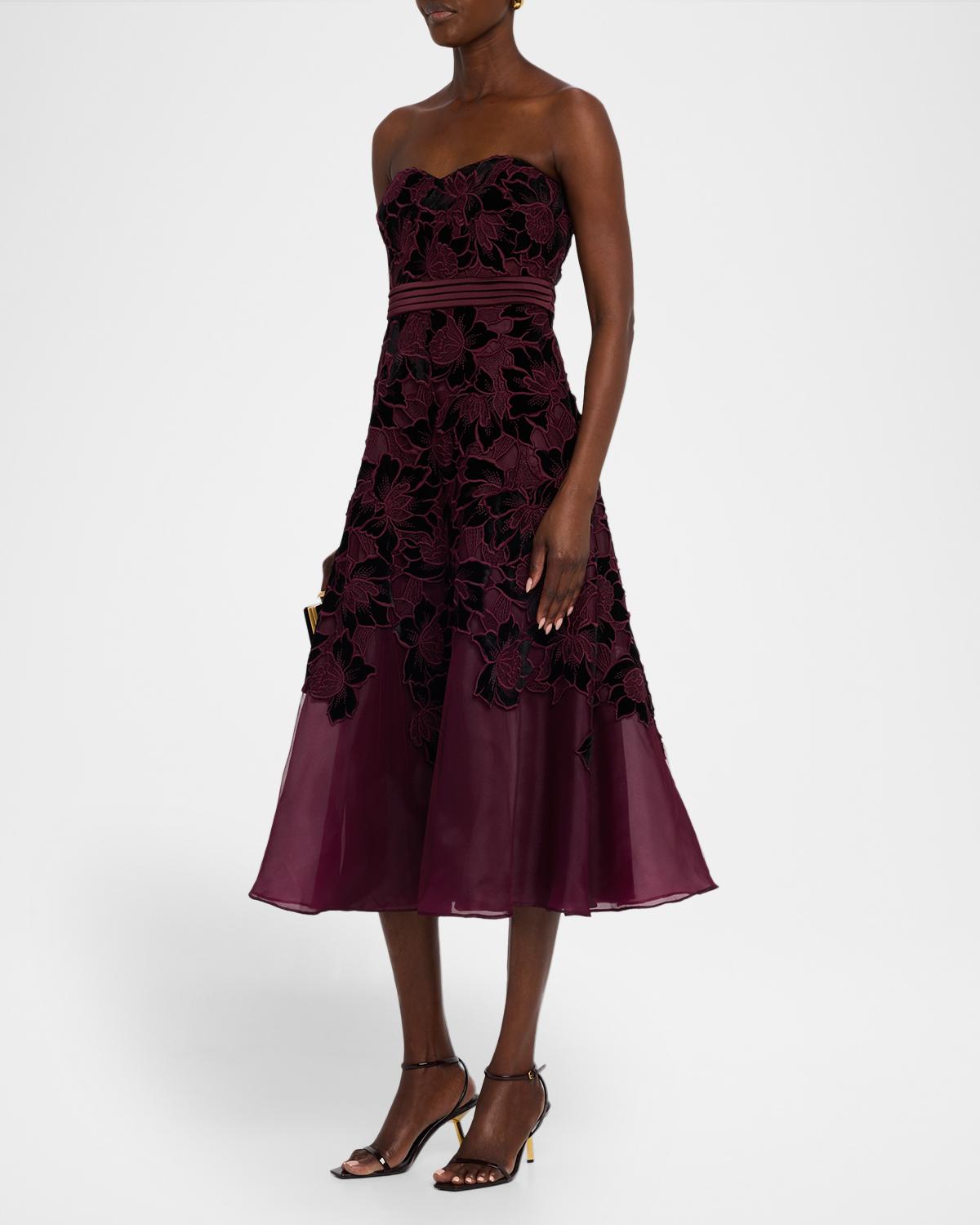 Floral Embroidered Strapless Cocktail Midi Dress - thumbnail 4