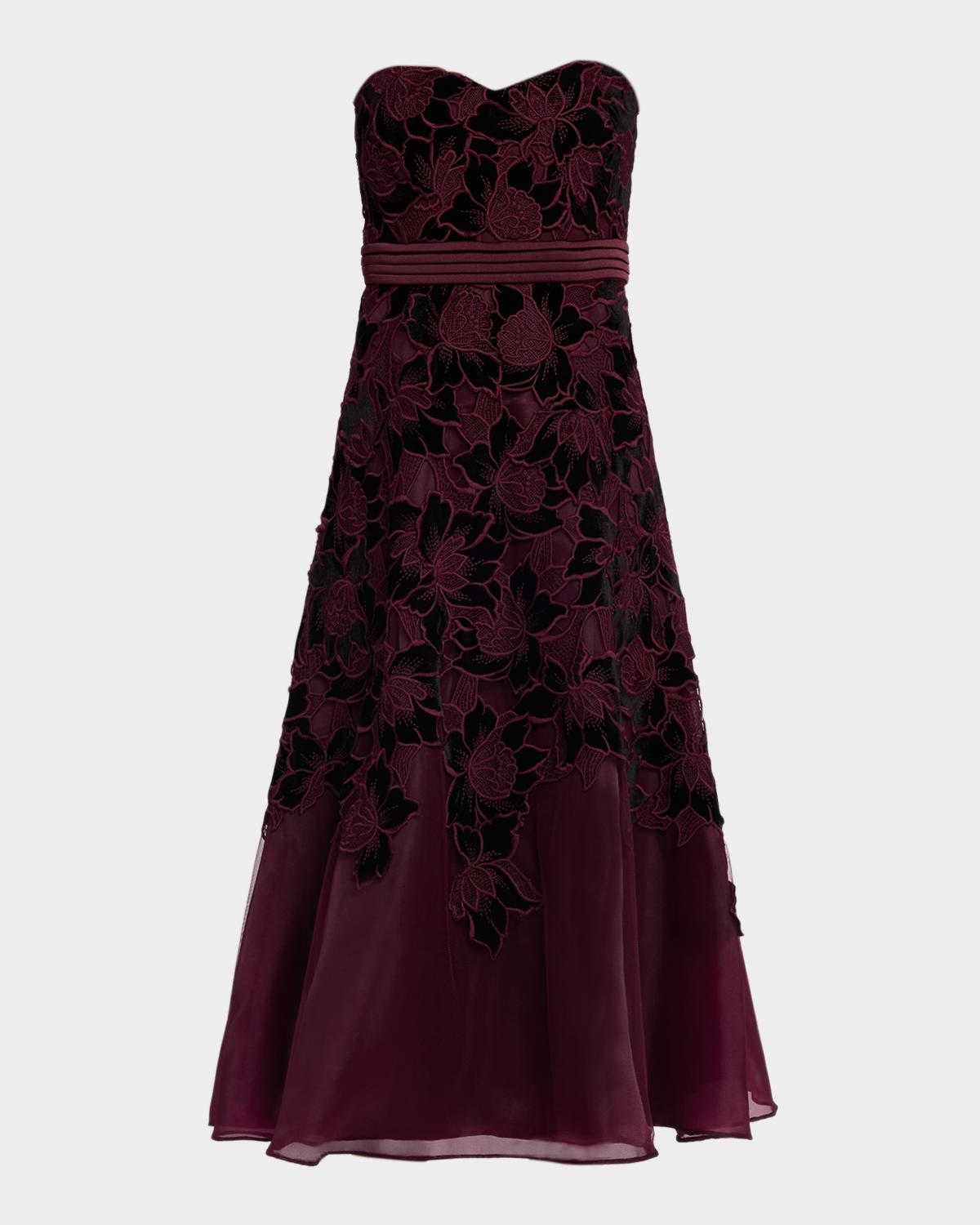 Floral Embroidered Strapless Cocktail Midi Dress