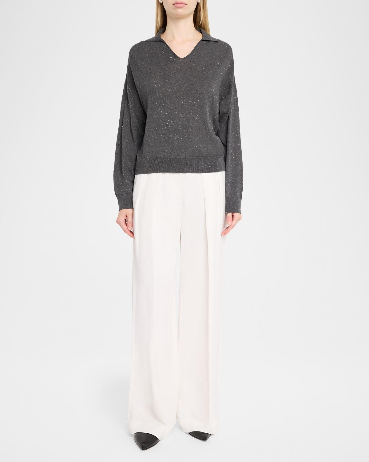 Spread-Collar Shimmer Knit Sweater - thumbnail 2