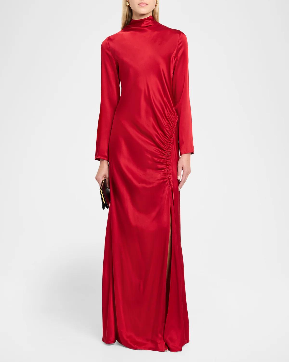 Long-Sleeve Double-Face Satin Ruched Tab Gown - thumbnail 2