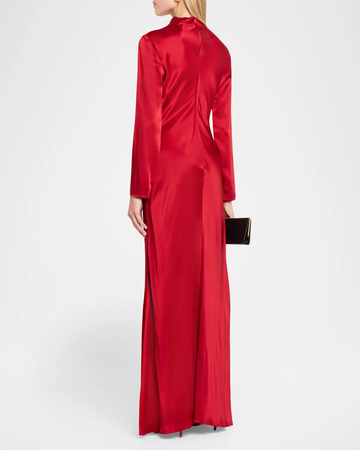 Long-Sleeve Double-Face Satin Ruched Tab Gown - thumbnail 3