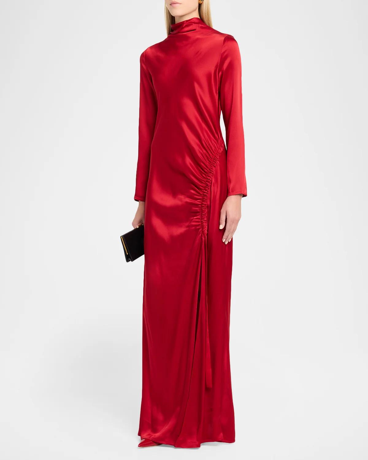 Long-Sleeve Double-Face Satin Ruched Tab Gown - thumbnail 4