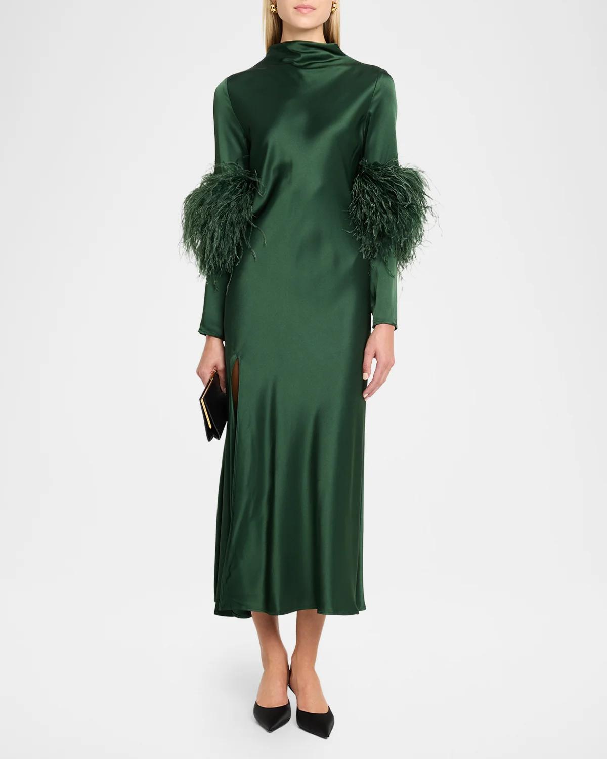 Satin Draped Neck Feather-Trim Midi Dress - thumbnail 2