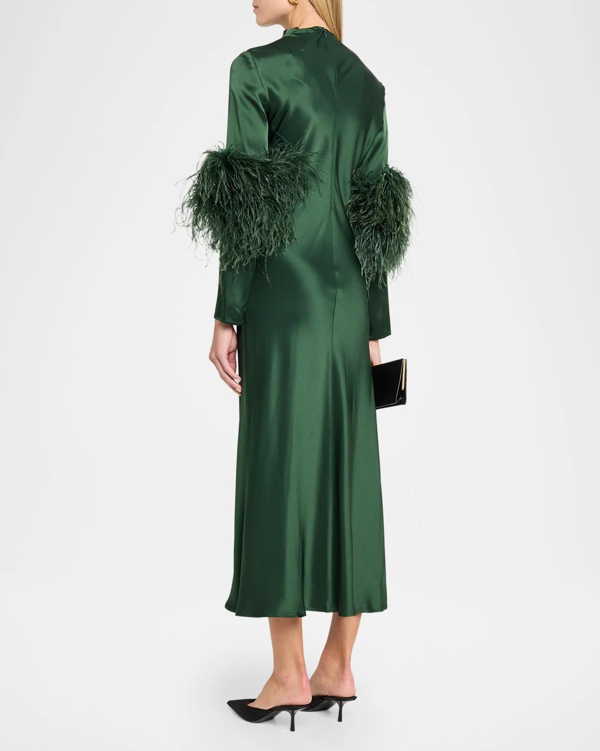 Satin Draped Neck Feather-Trim Midi Dress - thumbnail 3