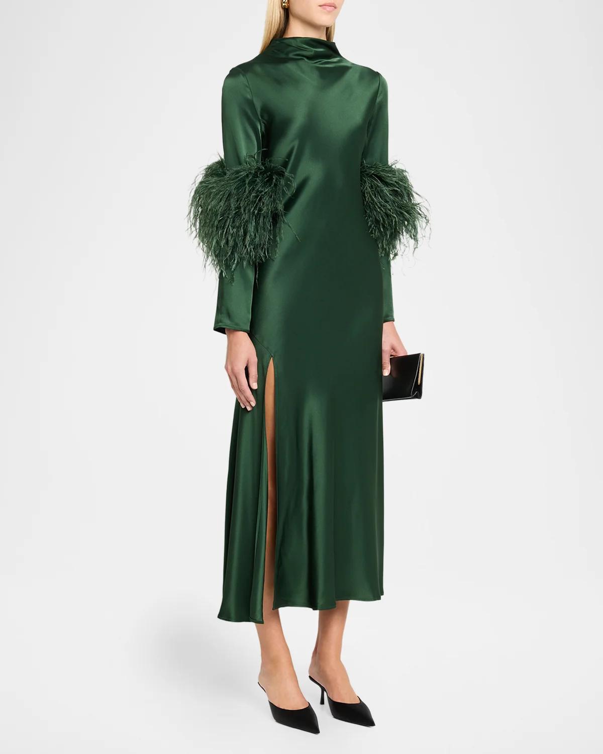Satin Draped Neck Feather-Trim Midi Dress - thumbnail 4
