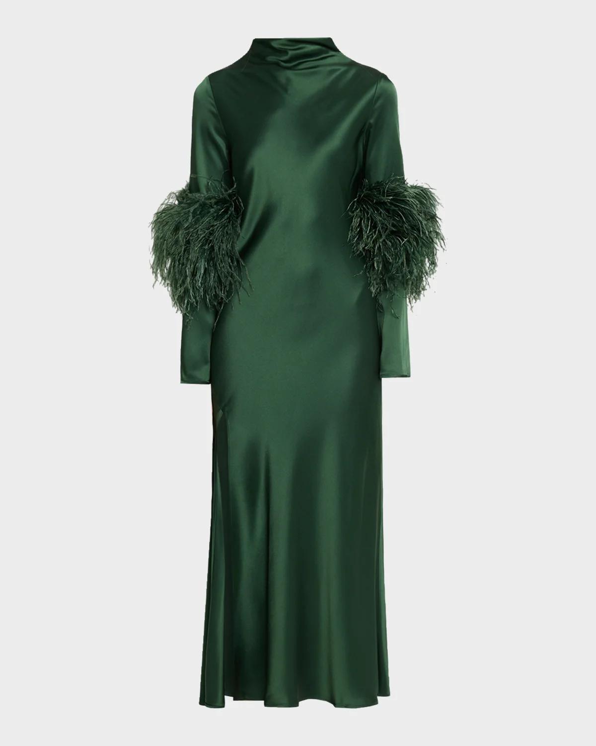 Satin Draped Neck Feather-Trim Midi Dress
