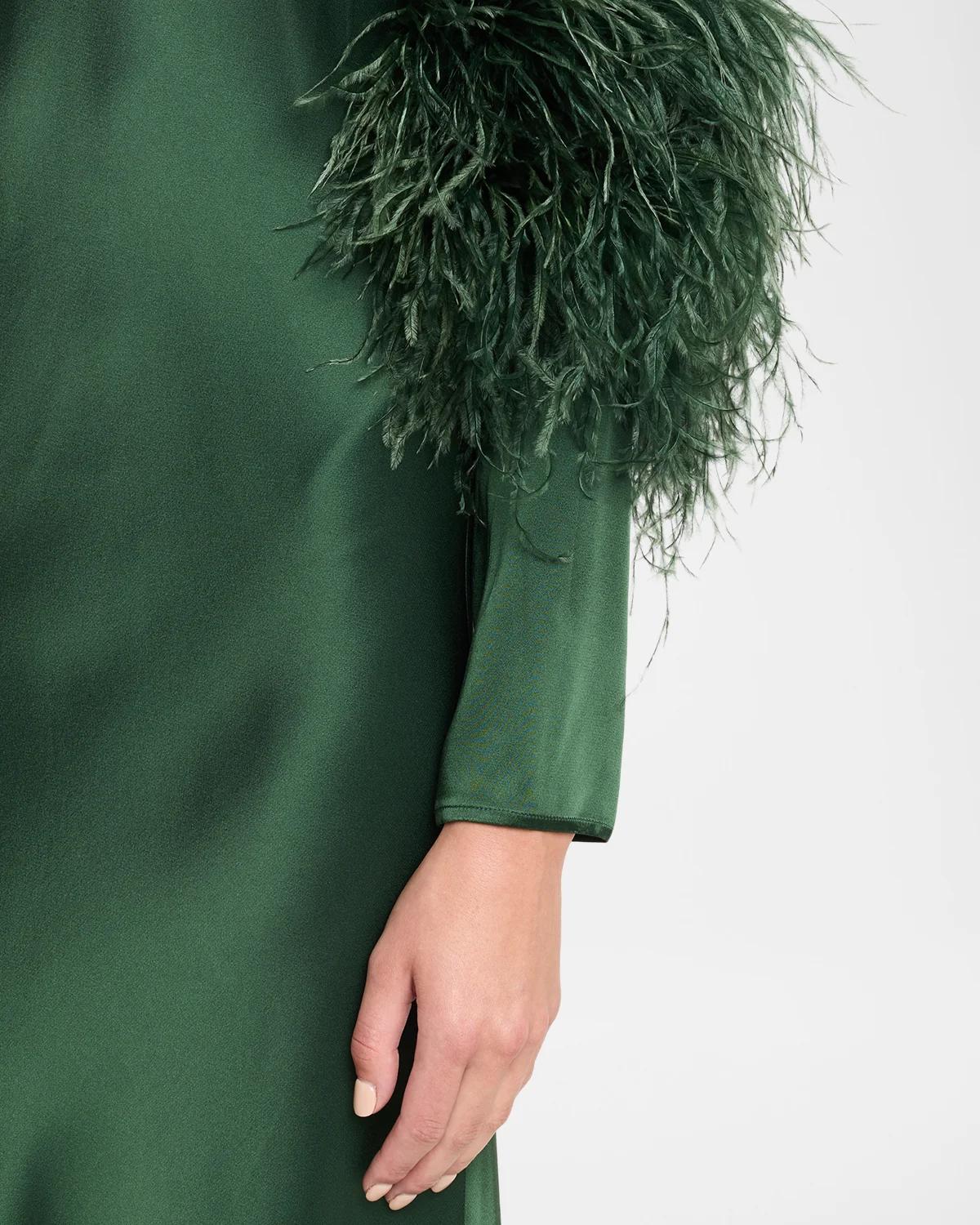 Satin Draped Neck Feather-Trim Midi Dress - thumbnail 5