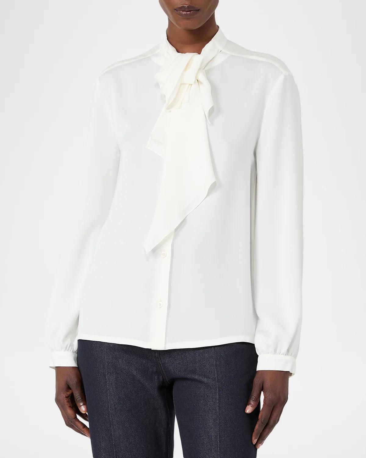 Ruffled Neck-Scarf Silk Charmeuse Shirt - thumbnail 3