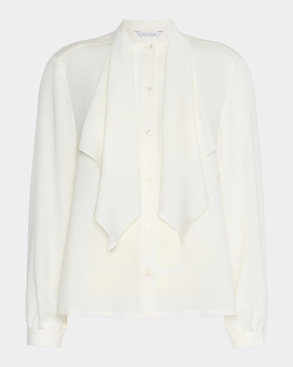 Ruffled Neck-Scarf Silk Charmeuse Shirt