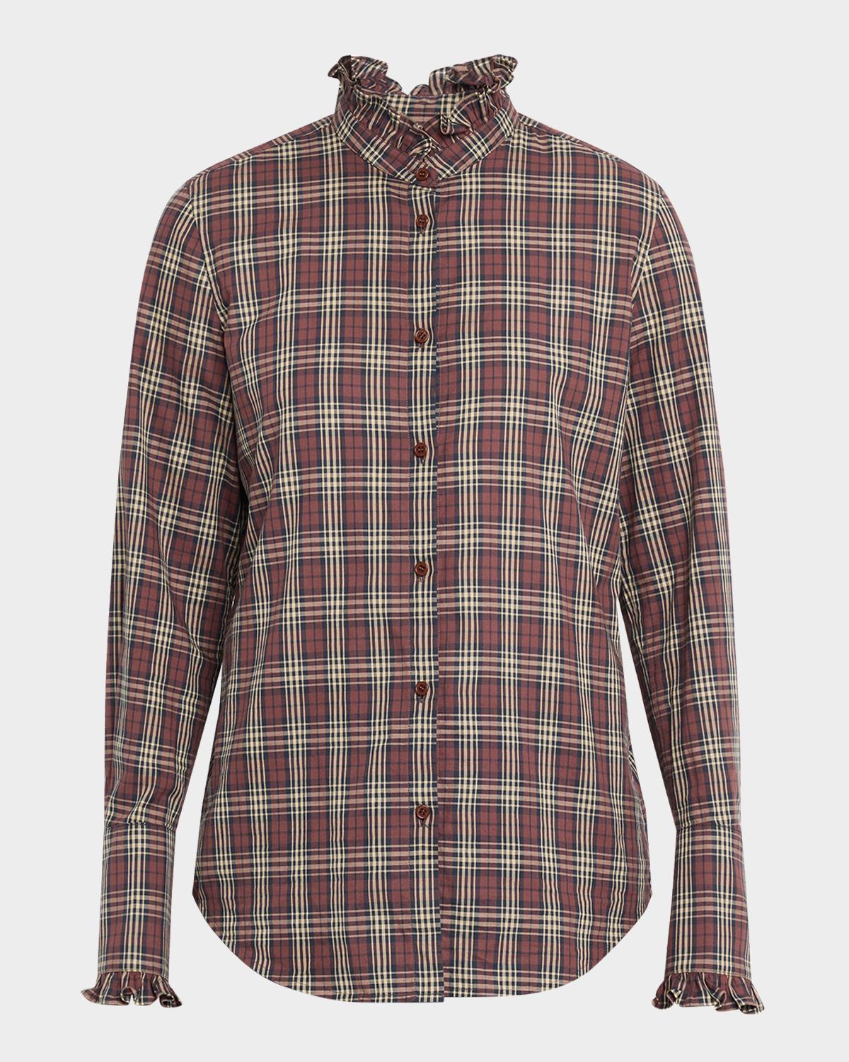 Elio Ruffle-Trim Cotton Plaid Shirt