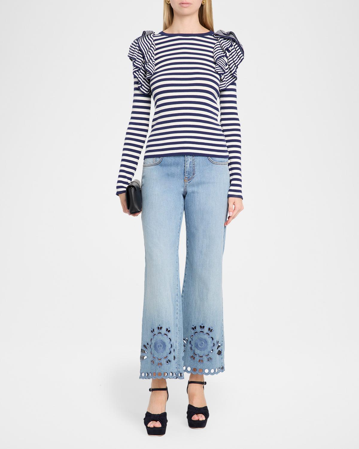 Striped Cotton Rib Ruffle-Shoulder Sweater - thumbnail 2