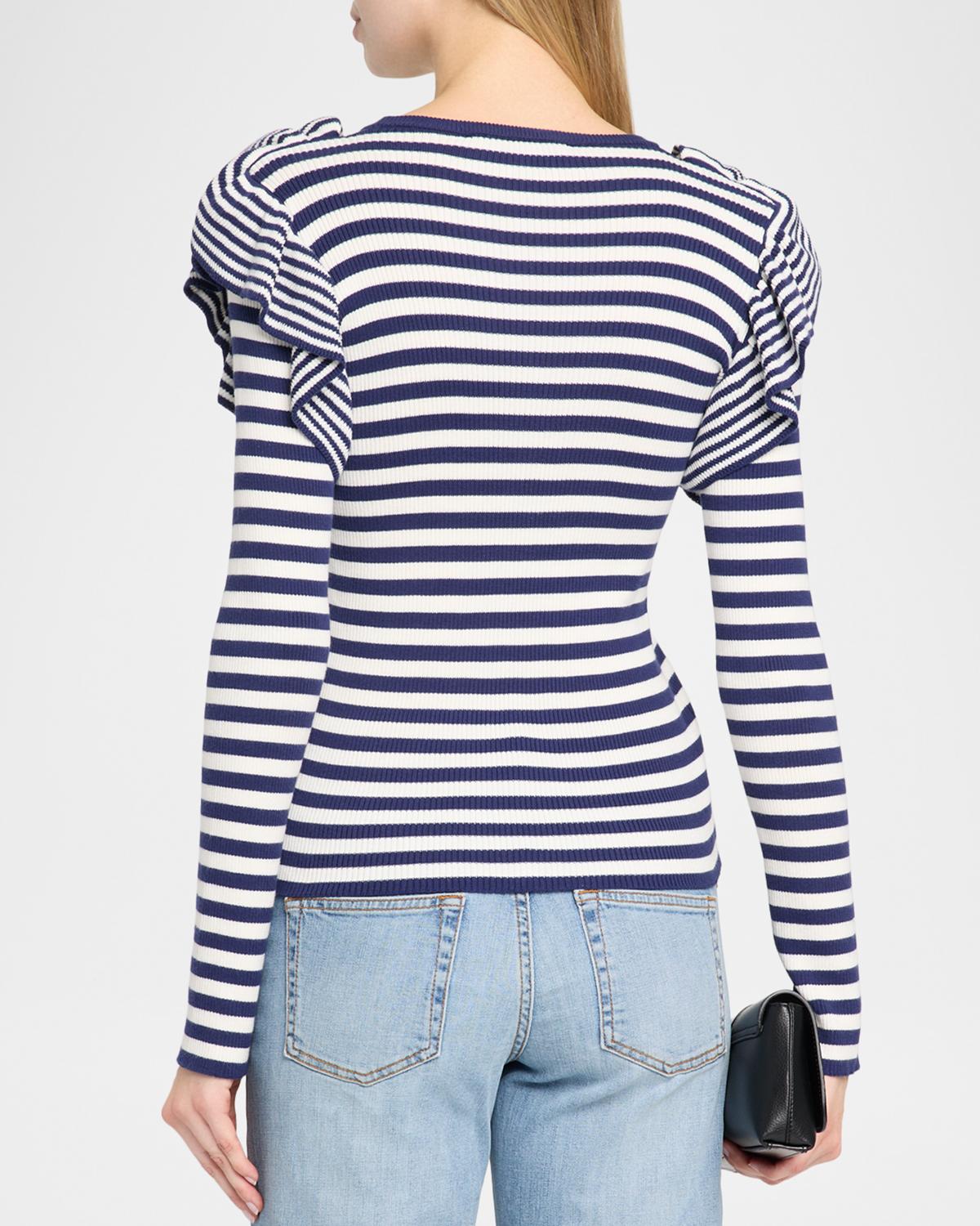 Striped Cotton Rib Ruffle-Shoulder Sweater - thumbnail 3