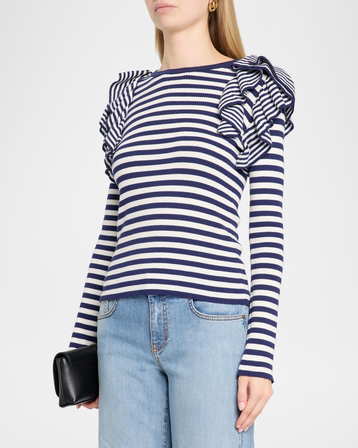 Striped Cotton Rib Ruffle-Shoulder Sweater - thumbnail 4