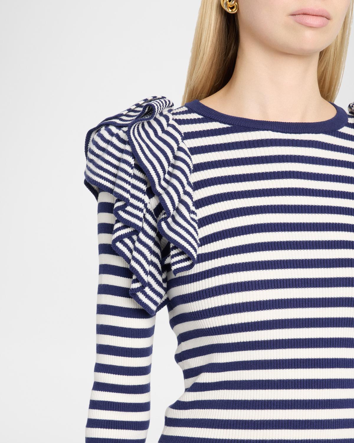 Striped Cotton Rib Ruffle-Shoulder Sweater - thumbnail 5
