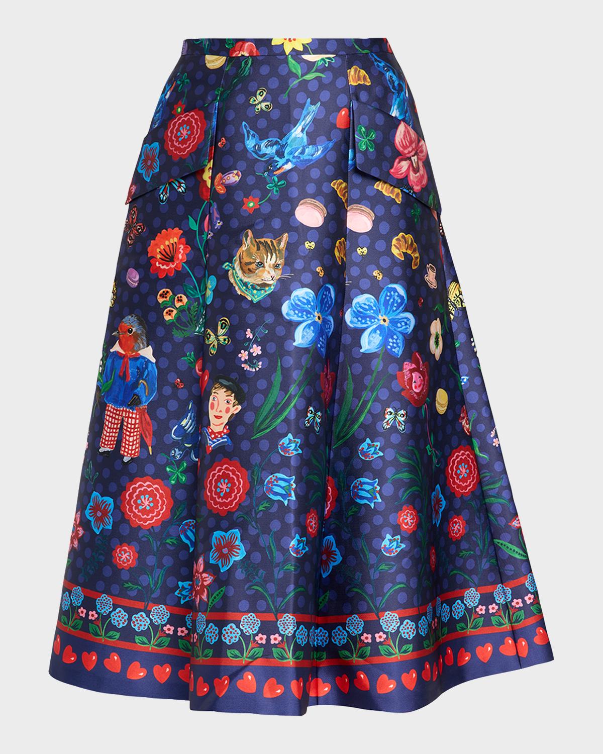 Printed Micado Satin Midi Skirt