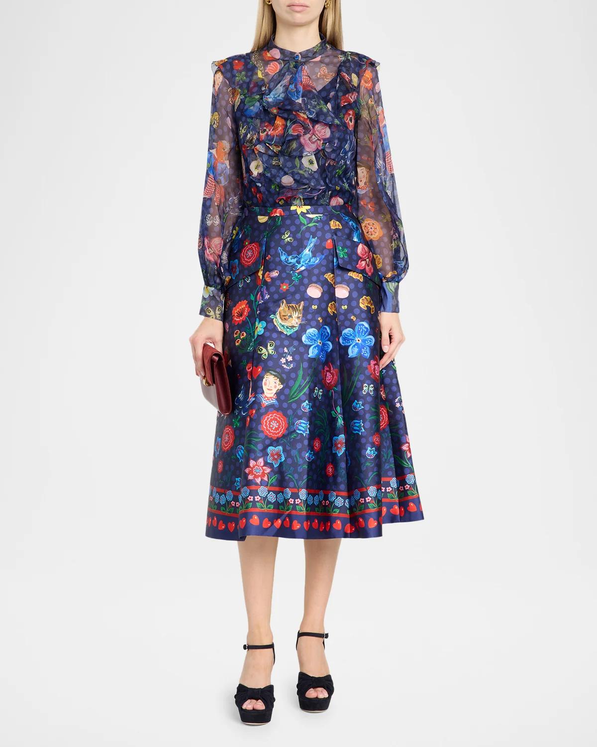 Printed Silk Organza Ruffle Long-Sleeve Blouse - thumbnail 2