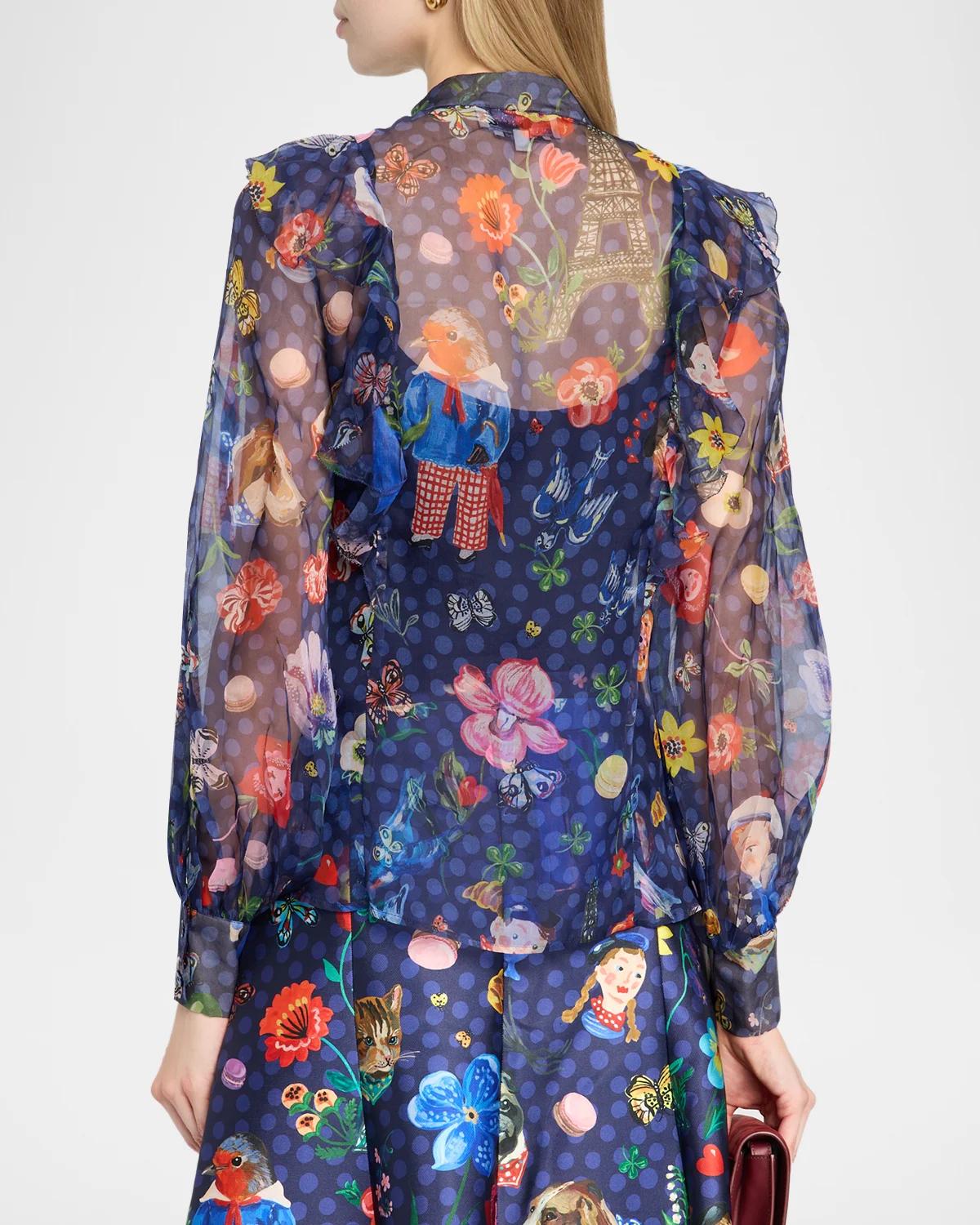 Printed Silk Organza Ruffle Long-Sleeve Blouse - thumbnail 3