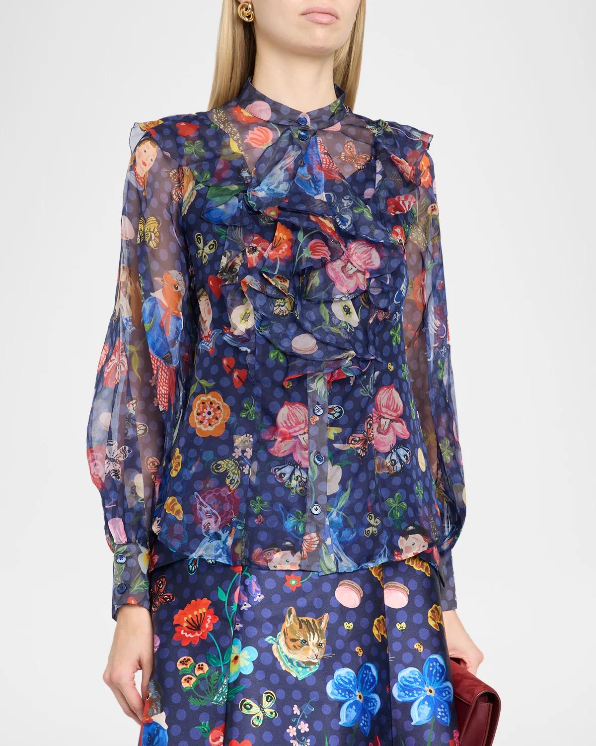 Printed Silk Organza Ruffle Long-Sleeve Blouse - thumbnail 4