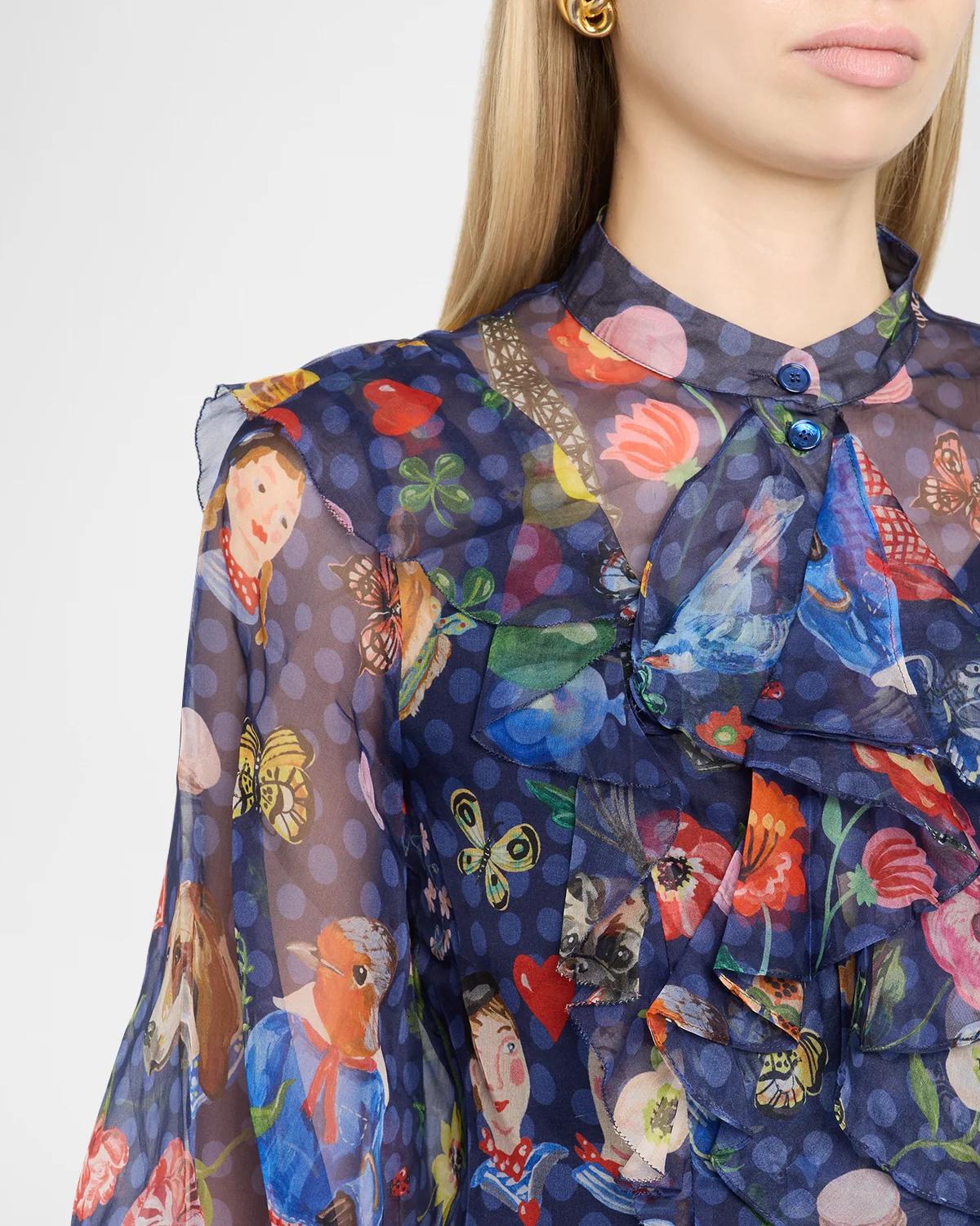Printed Silk Organza Ruffle Long-Sleeve Blouse - thumbnail 5