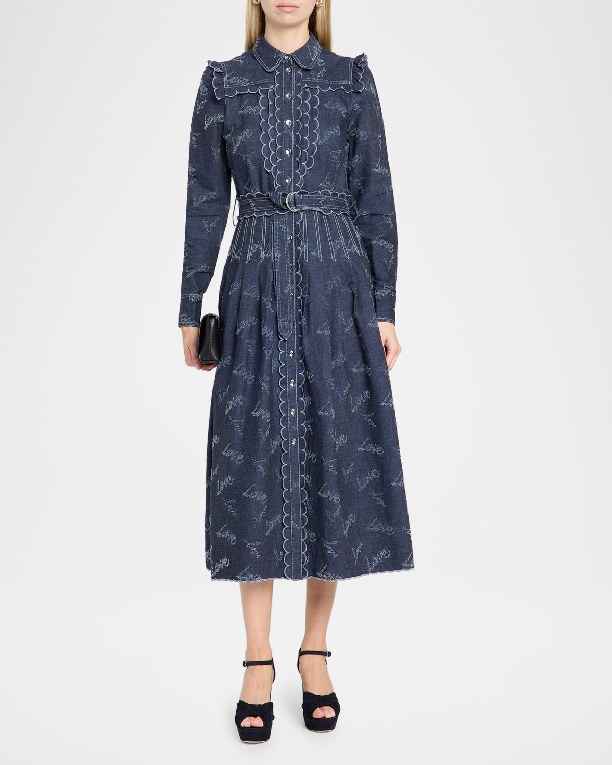 Belted Embroidered Chambray Midi Shirtdress - thumbnail 2
