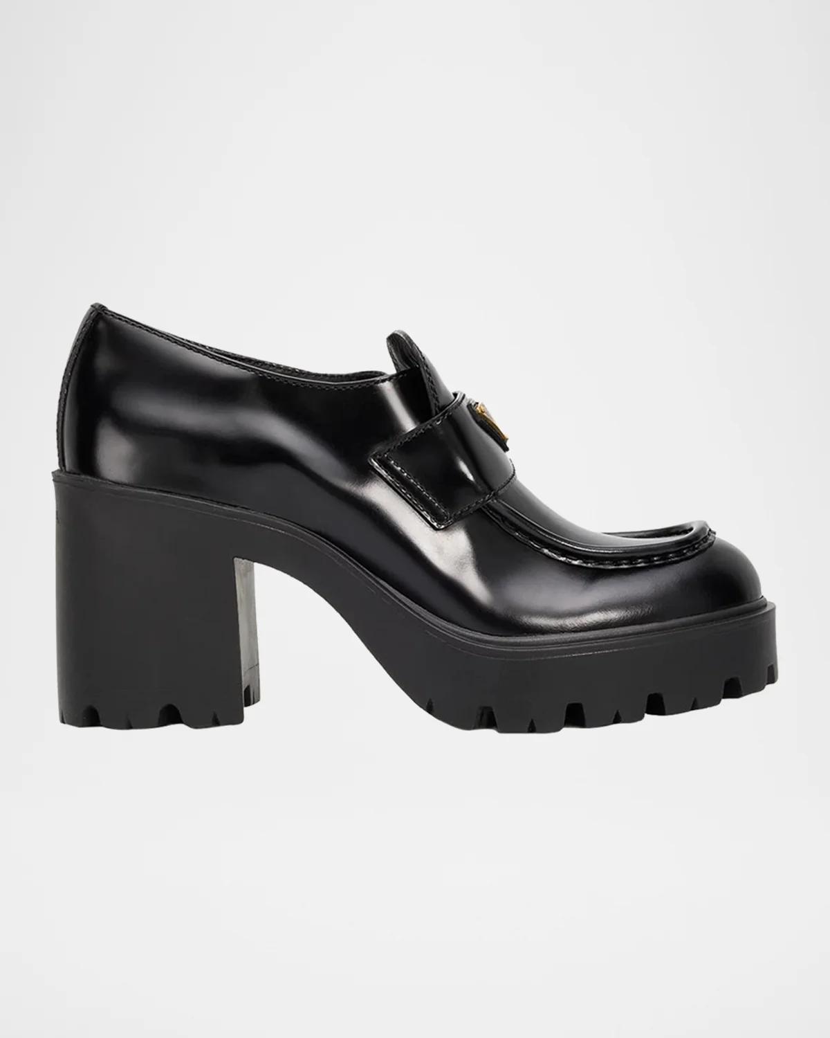 Prada 85mm Triangle Logo Leather Platform Loafers | Neiman Marcus